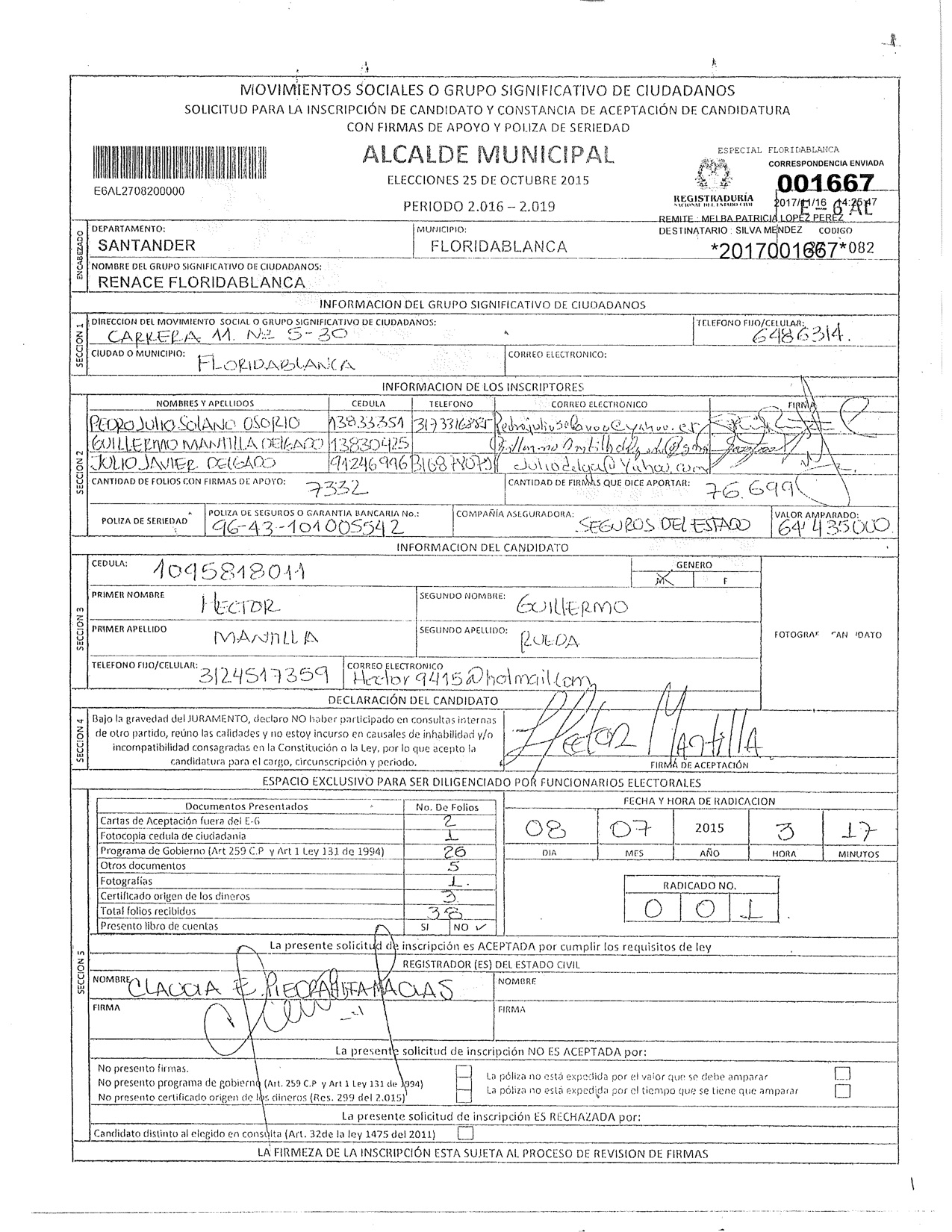 Inscripción por firmas del movimiento Renace Floridablanca