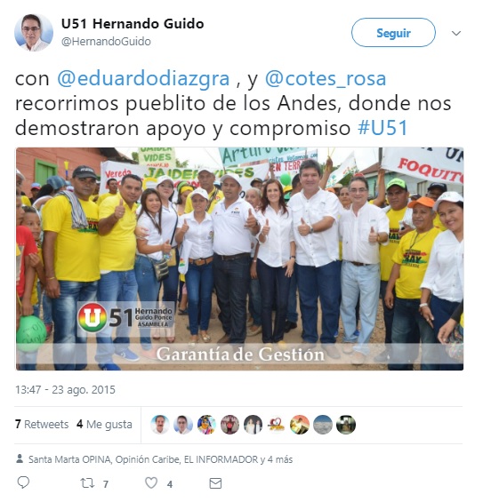 Tuit de Hernando Guido sobre acto de Campaña con Cotes y Díaz-Granados