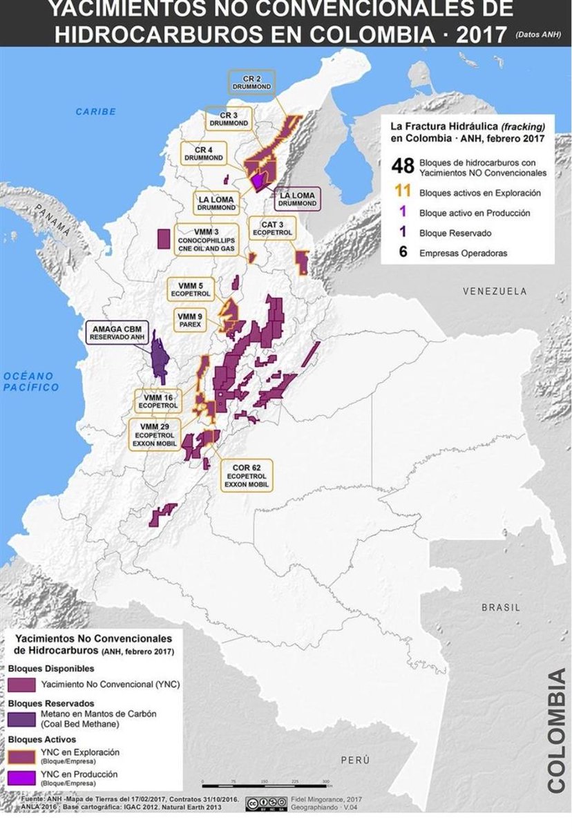 Mapa de yacimientos no convencionales de hidrocarburos en Colombia.
