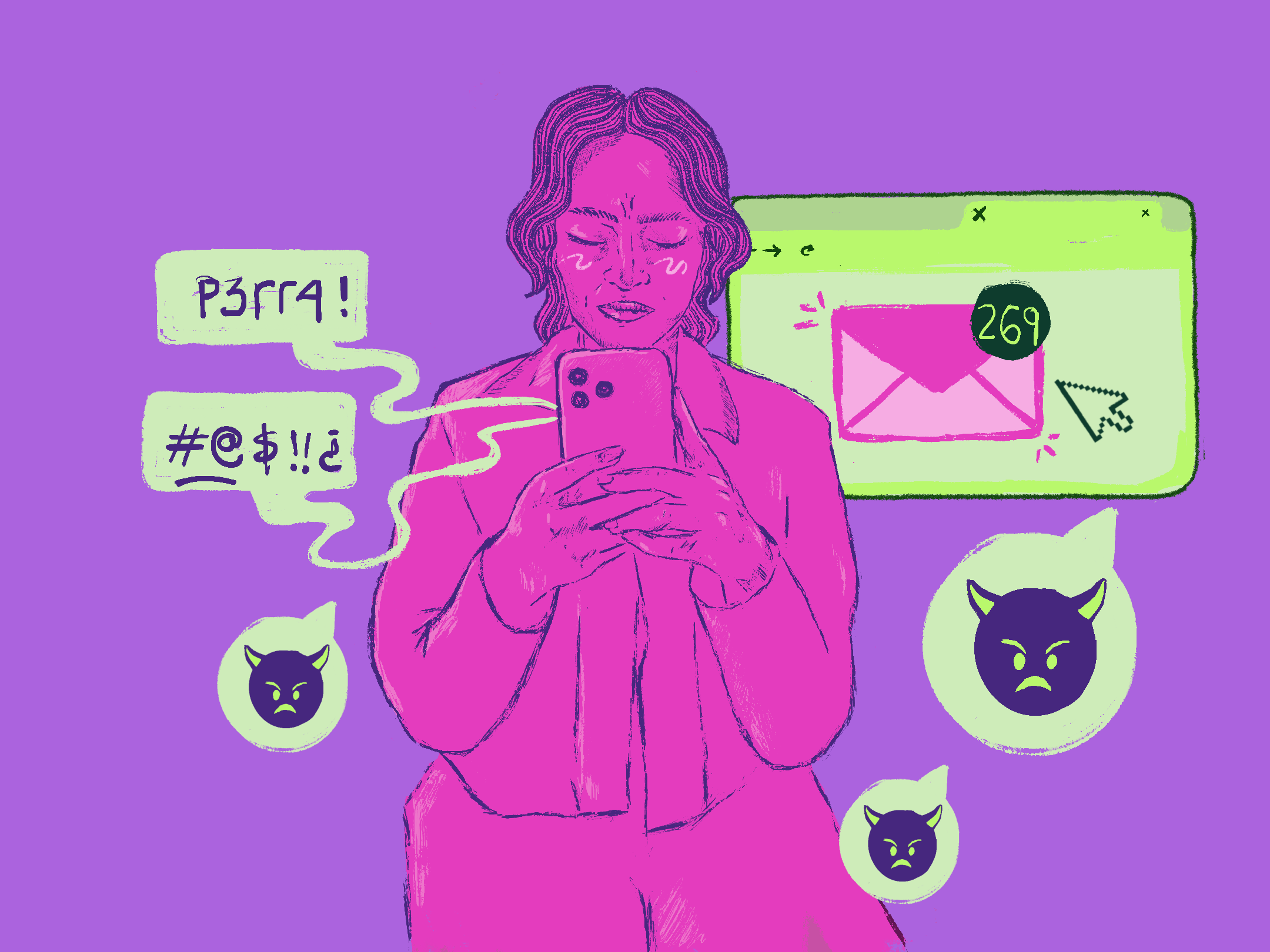 Mujer recibiendo mensajes ofensivos en su teléfono
