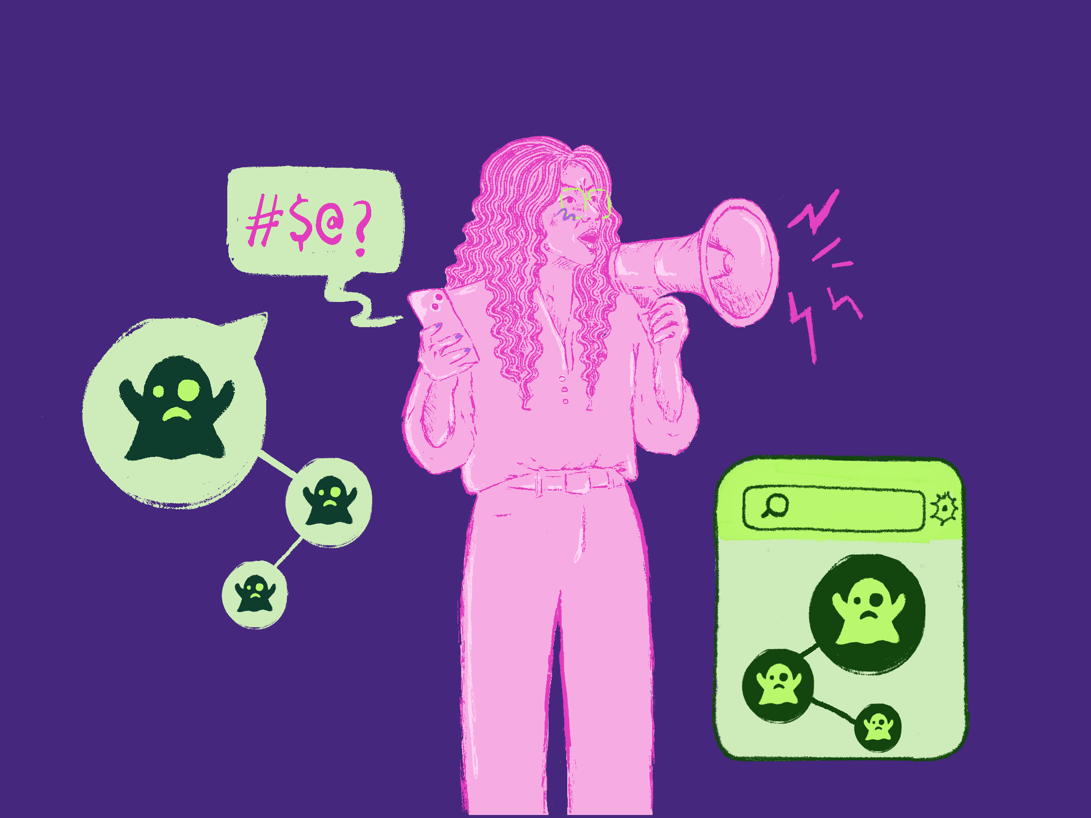Mujer con megáfono enfrentando ataques en redes