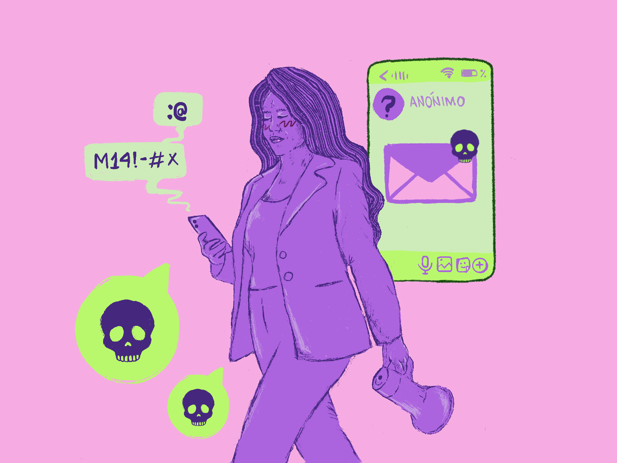 Mujer caminando mientras recibe mensajes anónimos