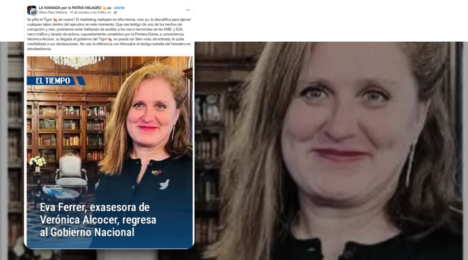 Captura de la publicación verificada sobre una foto de contexto: Imagen vieja de El Tiempo sobre Eva Ferrer se viraliza como si anunciara su llegada al Gobierno De la Espriella