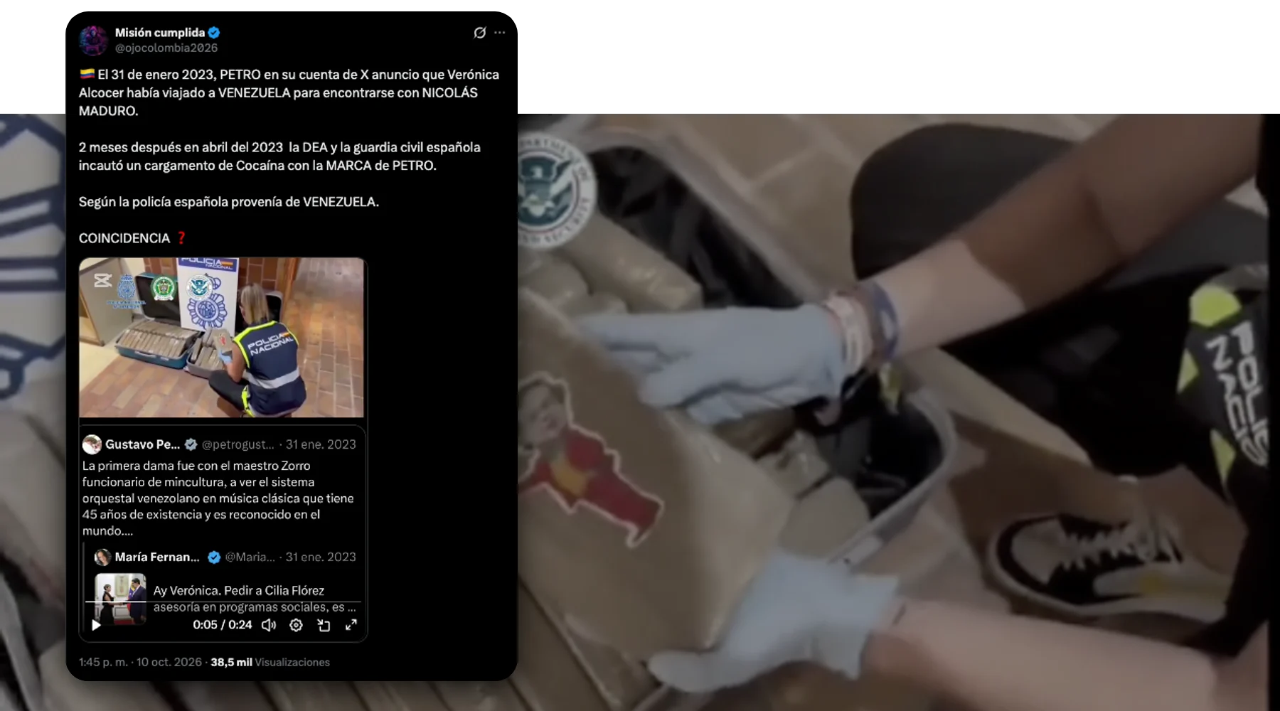 Captura de la publicación verificada sobre una foto de contexto: Reviven video de cocaína marcada con la cara de Petro para señalar a Verónica Alcocer