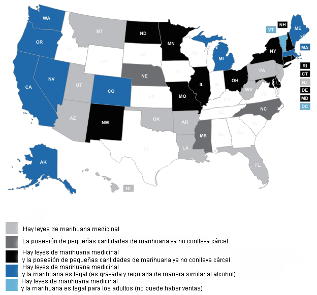 Mapa de Estados Unidos que muestra dónde la marihuana es legal, está descriminalizada o hay leyes de uso medicinal