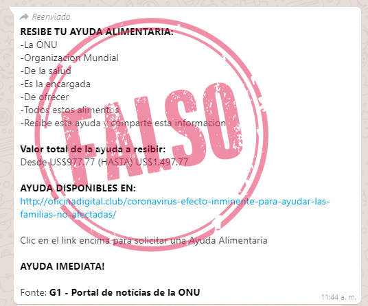 Cadena de WhatsApp sobre supuesta ayuda alimentaria de la ONU por Covid-19