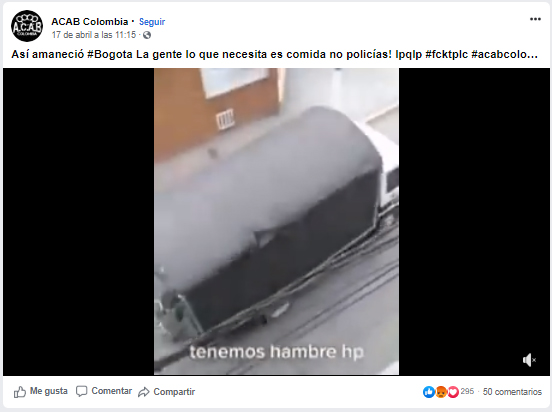 Publicación de Facebook de ACAB Colombia con el mismo video