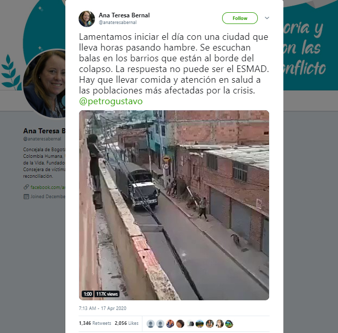 Trino de Ana Teresa Bernal con el video de policías disparando en Bogotá