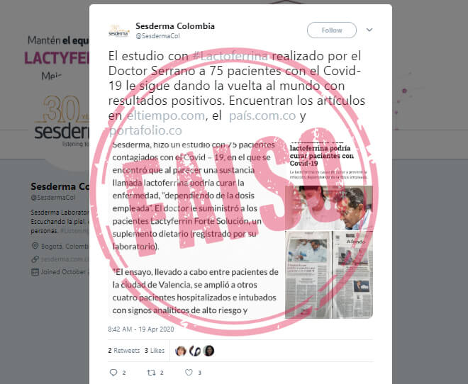 Trino de Sesderma Colombia con noticia de Lactyferrin para covid-19