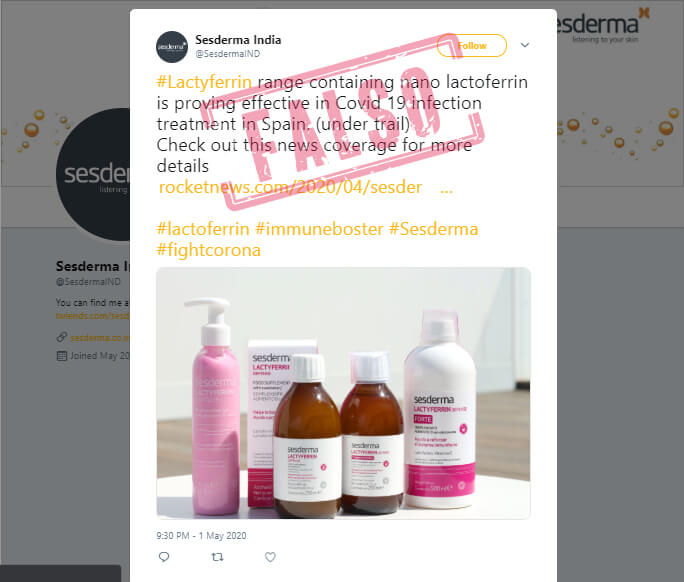 Trino de Sesderma India con noticia sobre Lactyferrin para la covid-19