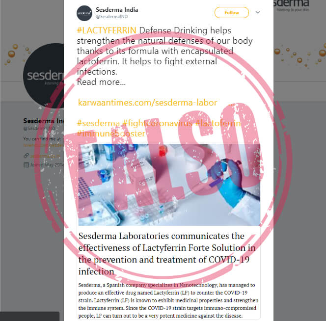 Otro trino de Sesderma India con noticia sobre Lactyferrin para covid-19
