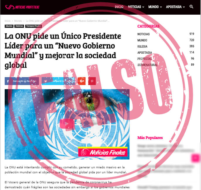 Noticia falsa sobre petición de la ONU de gobierno mundial con único líder