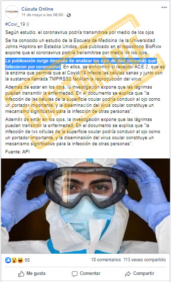 Publicación de Facebook sobre contagio de covid-19 por los ojos