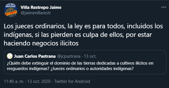 Trino de Jaime Villa contra los indígenas en el cita a Juan Carlos Pastrana