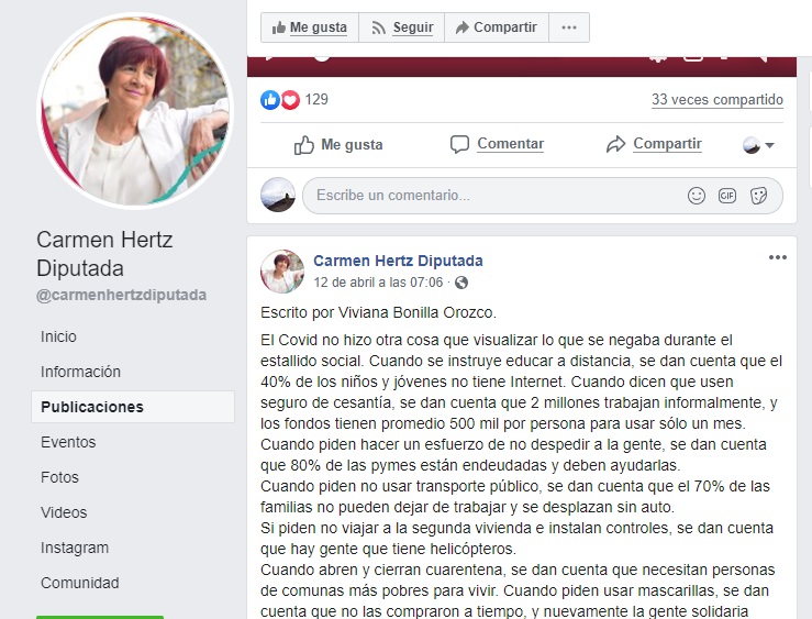 Publicación Facebook Carmen Hertz