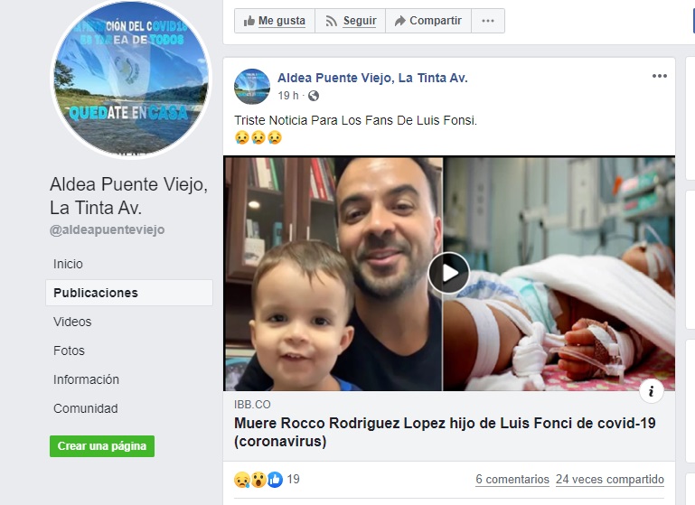 Pantallazo información Fonsi COVID-19 Facebook